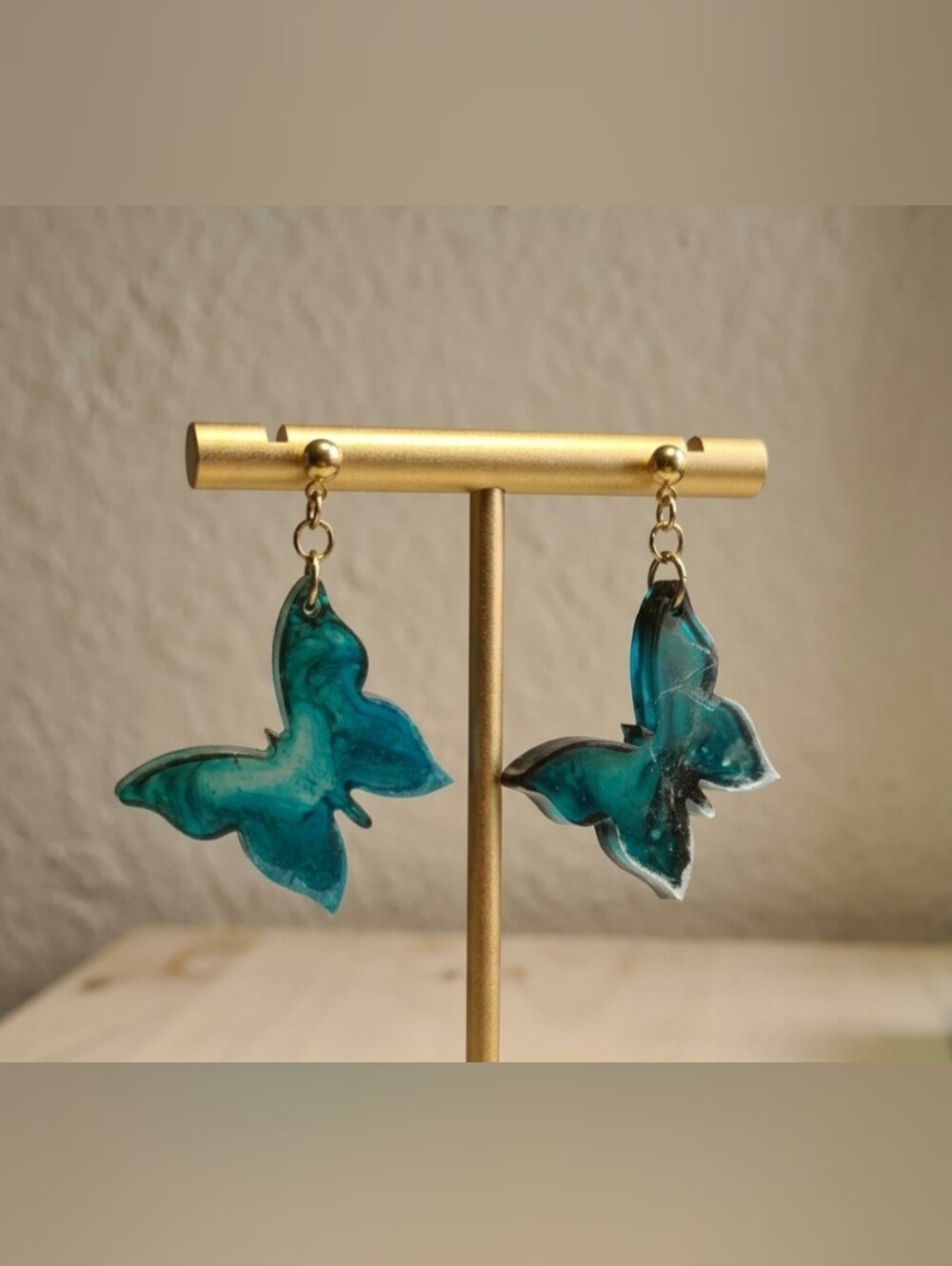 Teal & Emerald Resin Butterfly Dangle Earrings | Hypoallergenic Wires